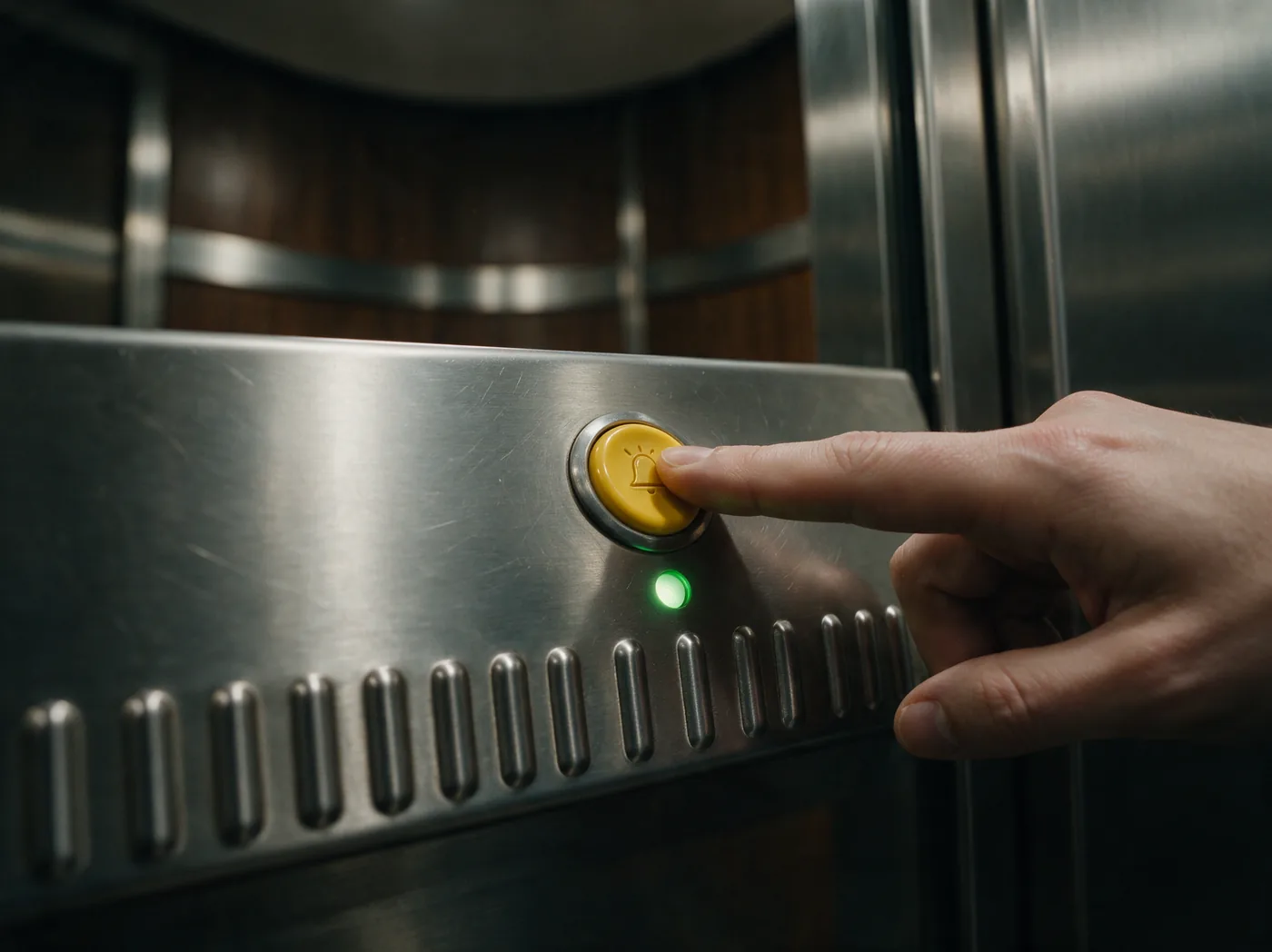 Finger pressing the emergency call button on a lift control panel, with a green connected light