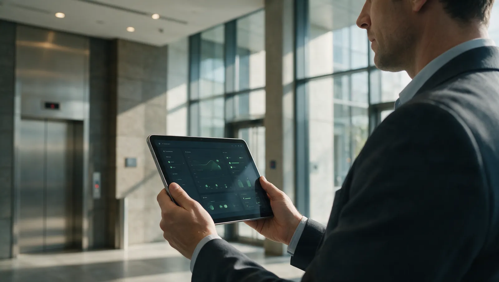 Facilities manager reviewing the LiftPulse cloud dashboard on a tablet in a building lobby